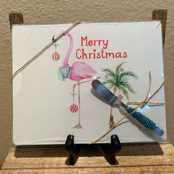 Christmas Flamingo Cutting Board With Spreader, Glass Flamingo Cutting Board - Picture 3 of 16